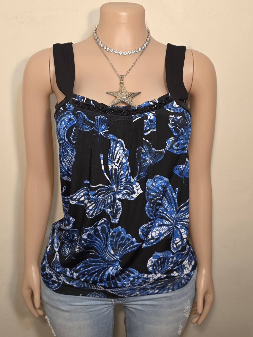 ☆Studio Y Black Tank Top with Blue Butterfly Print☆